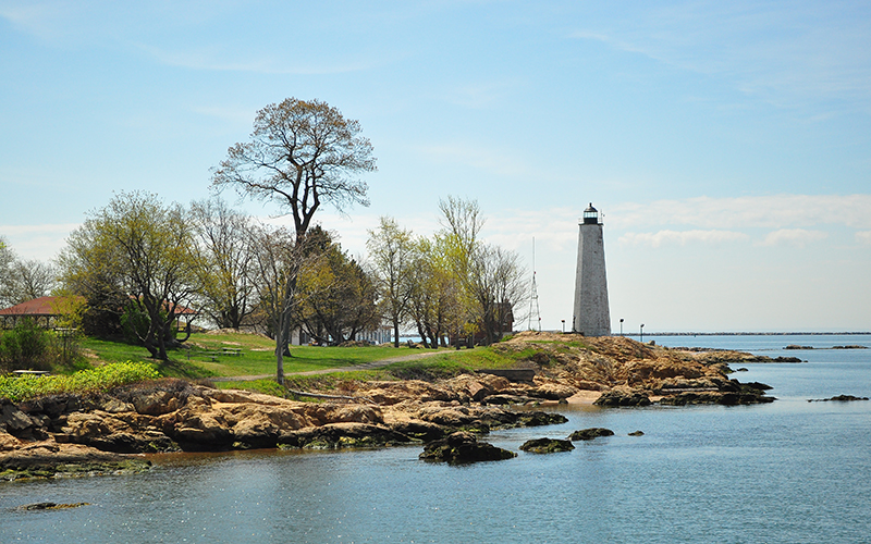 A lighthouse on the New Haven, Conn., coastline.