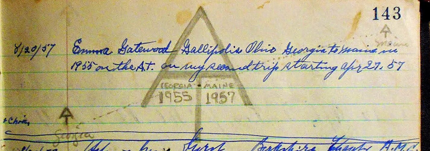 Emma Gatewood signed the Lonesome Lake Hut logbook on her second A.T. trip in 1957.