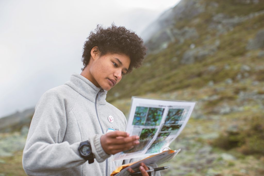 Naturalist reading plant guide in the white mountains