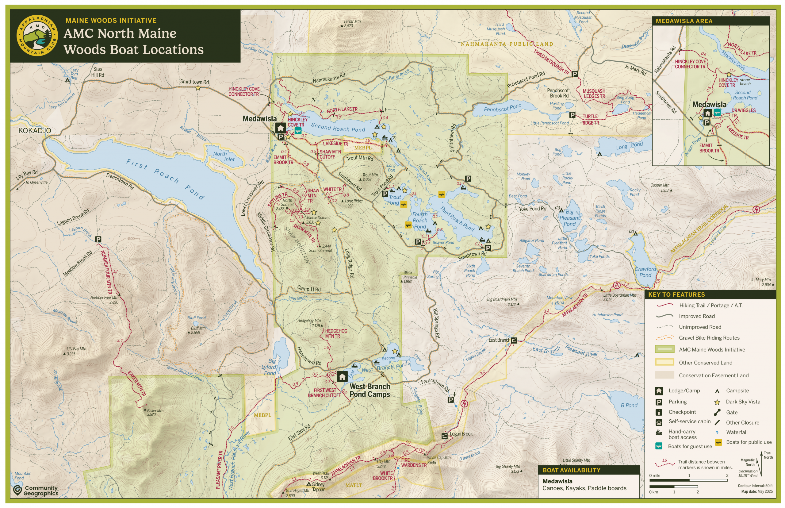 Map of North Maine Woods AMC boat sites.