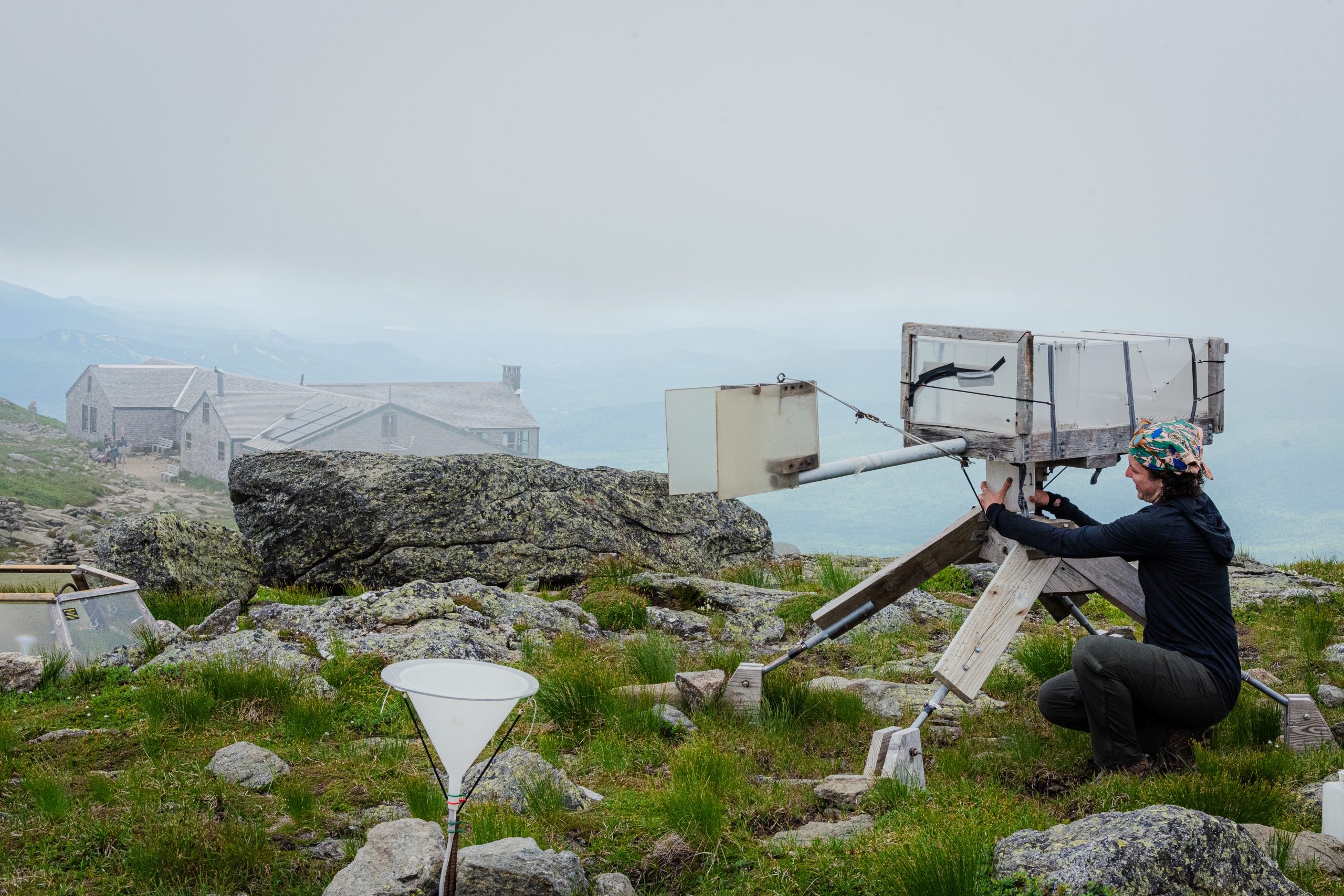 Alice Gipe with cloud catcher equipment.