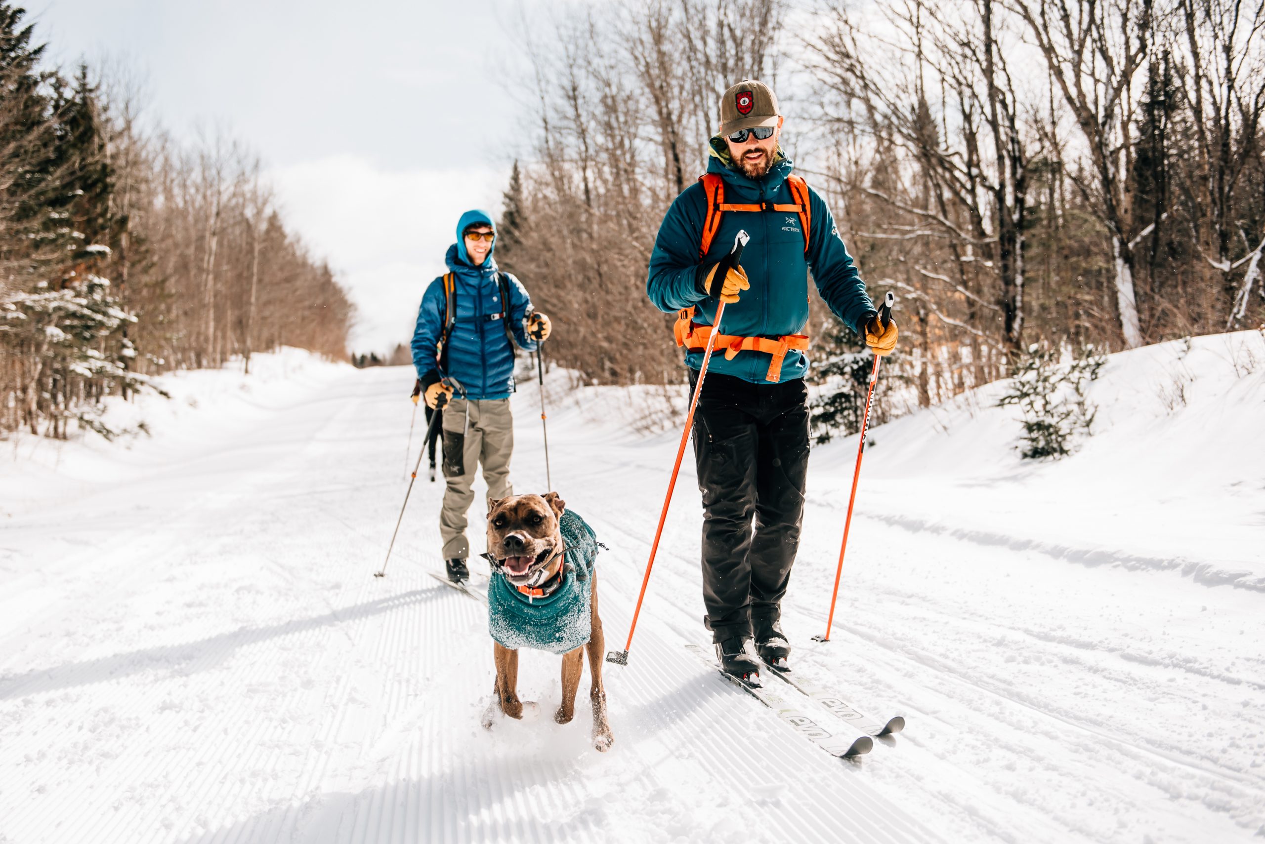 A couple skis with a dog.