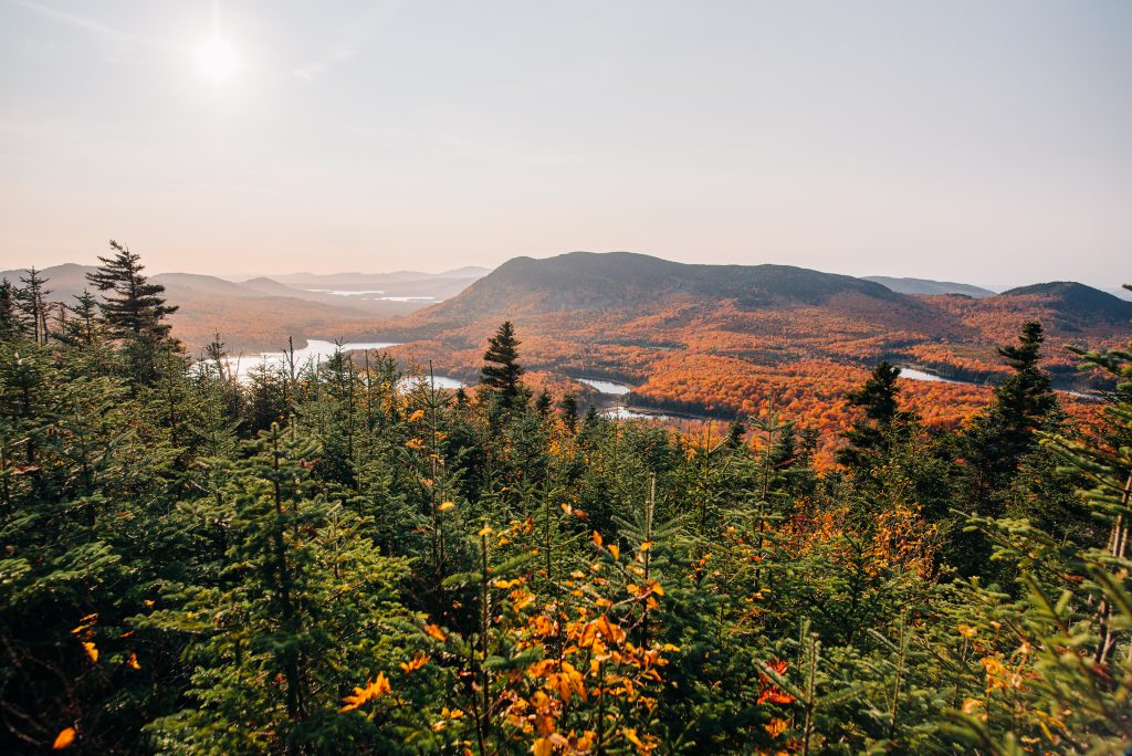 Mountain-top view shows a vast landscape of fall trees, small waterways, and mountains under a cloudless sky.