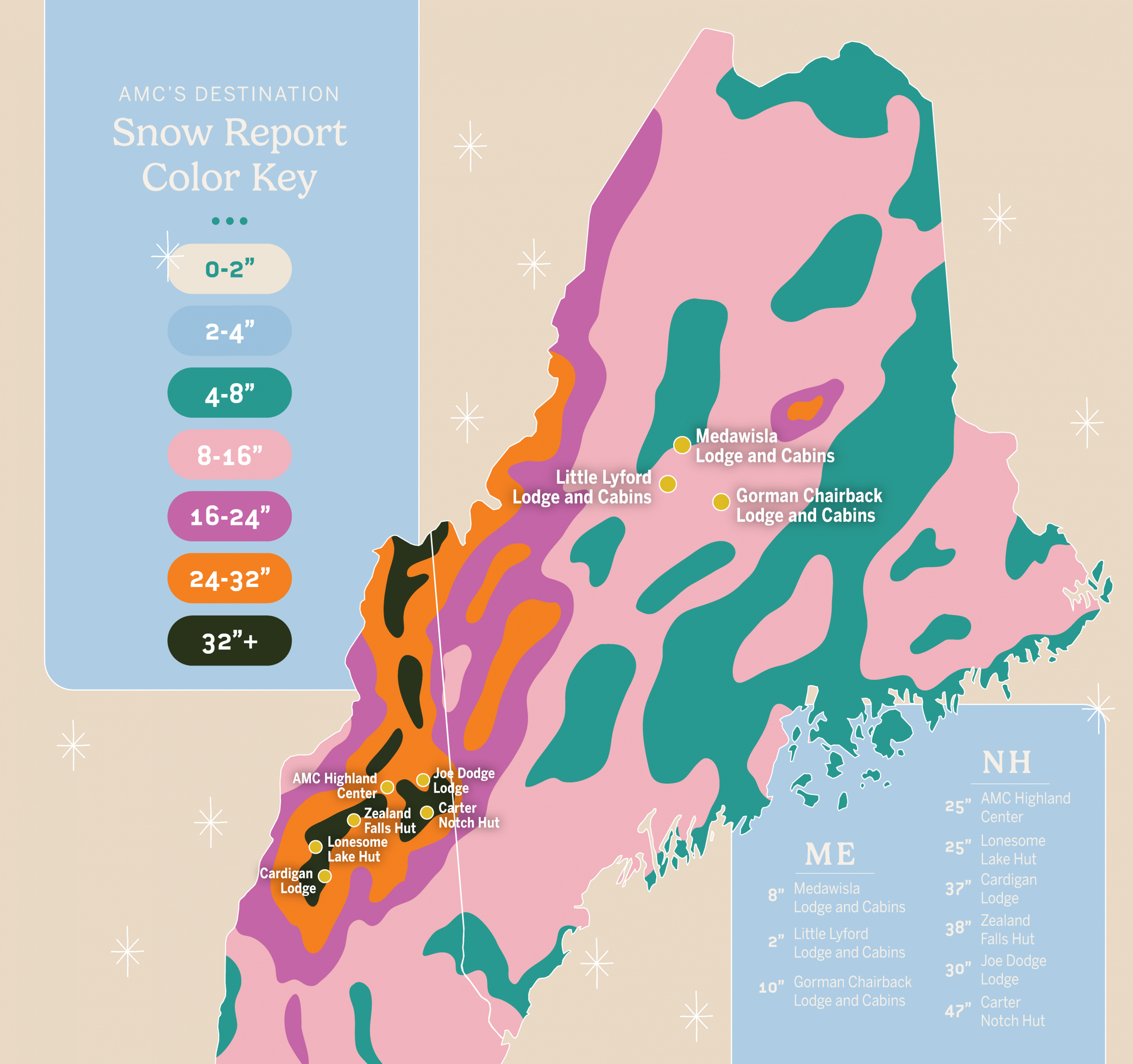 Snow depth by color in ME and NH.