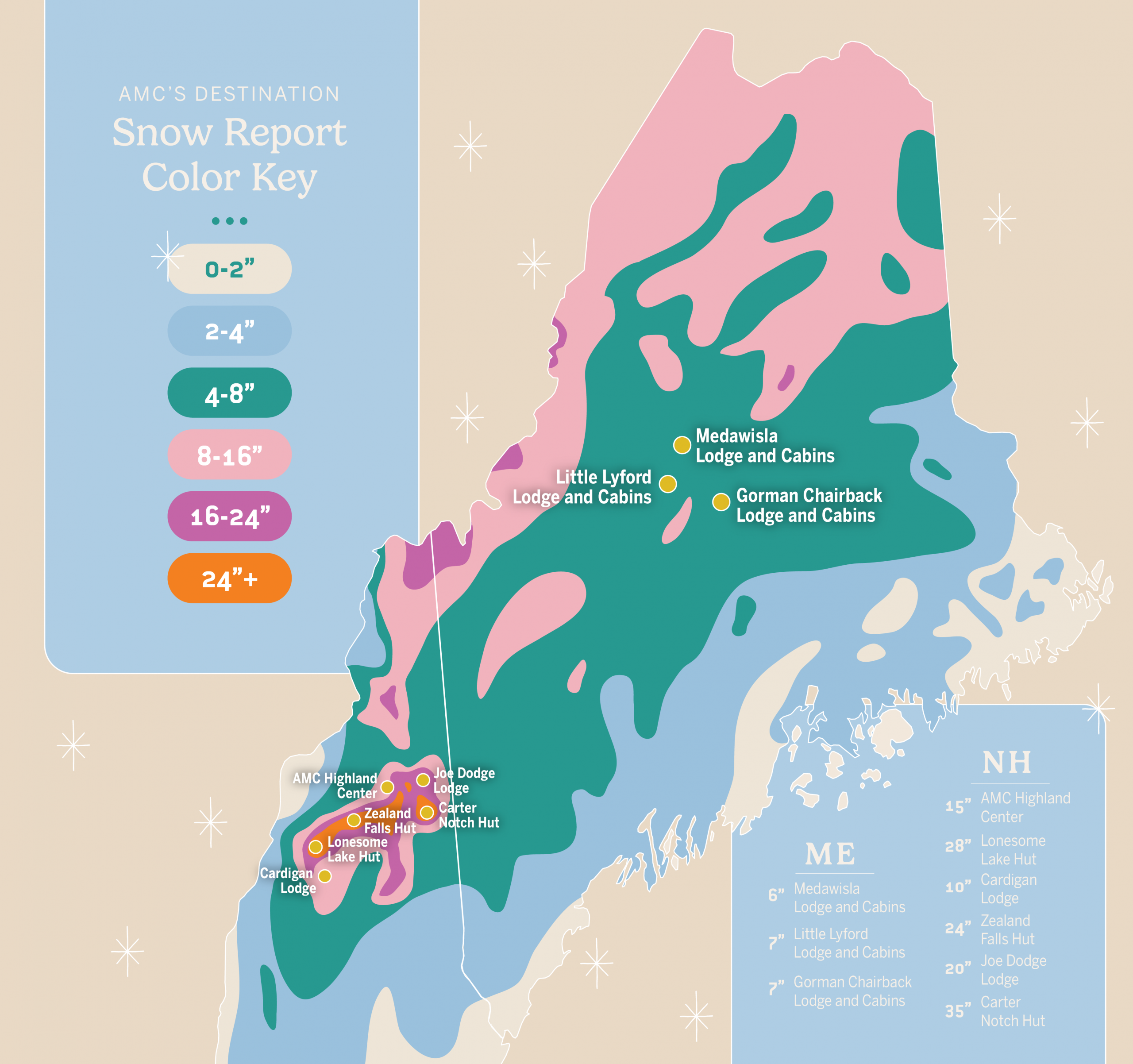 snow depth in Maine and NH, color coded by depth.