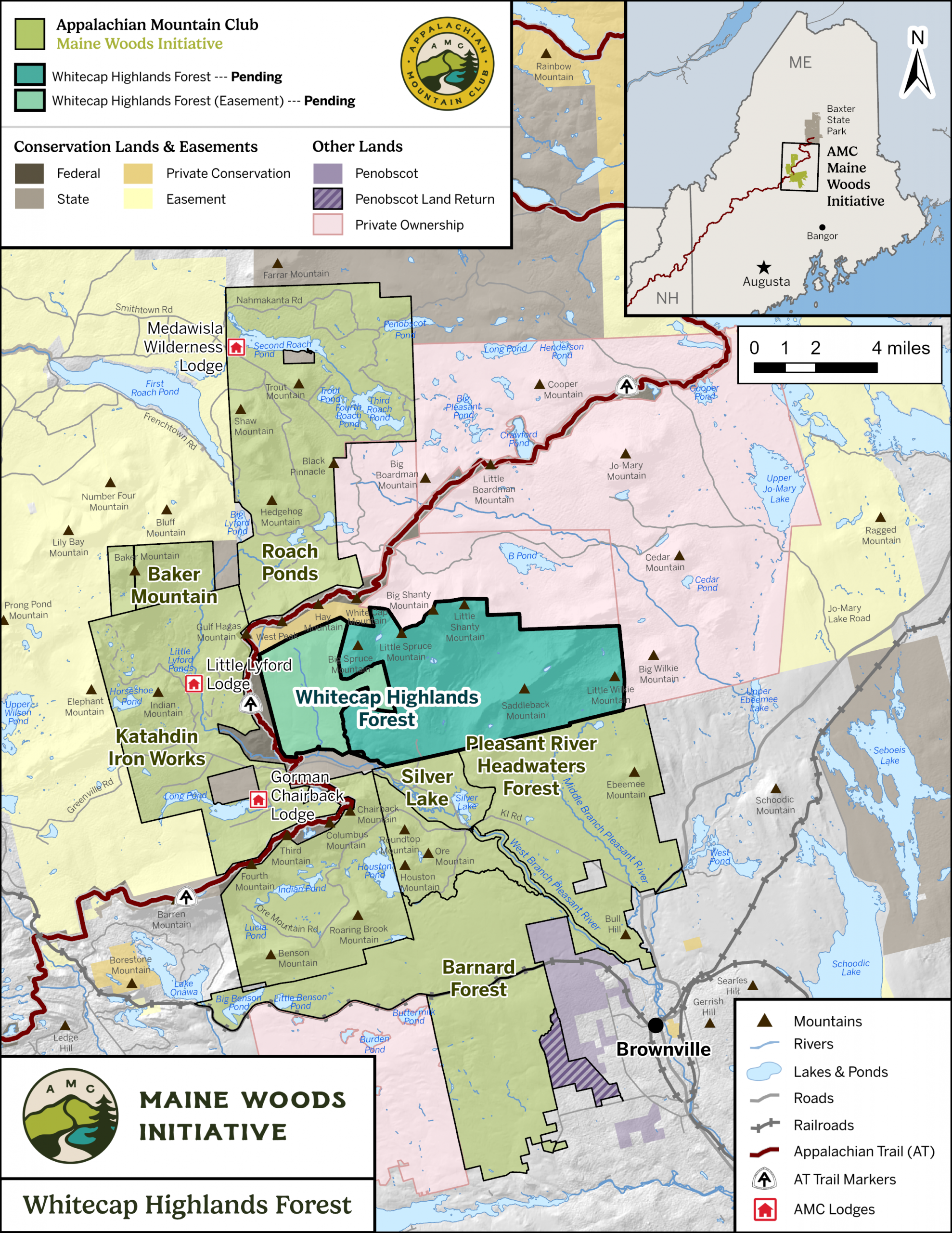Map of Whitecap Highland Forest in context of the 100 Mile Wilderness.
