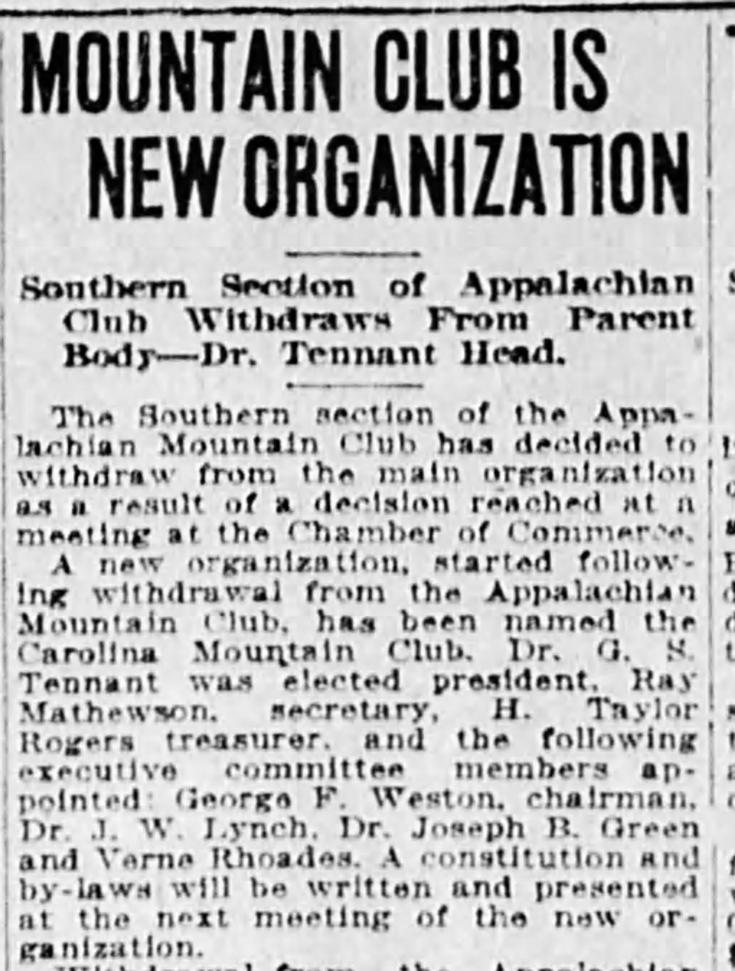 1920 Announcement Of Carolina Mountain Club Formation Asheville Citizen Times July 7, 1923