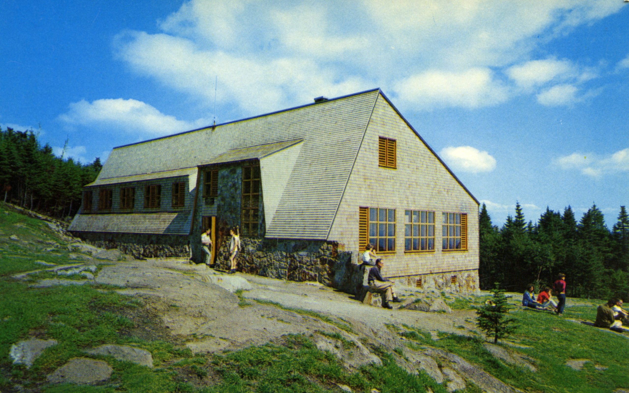 AMC Mizpah Spring Hut, White Mountain National Forest, New Hampshire-- AMC Library and Archives. Mizpah Spring Hut With Guests Circa 1965