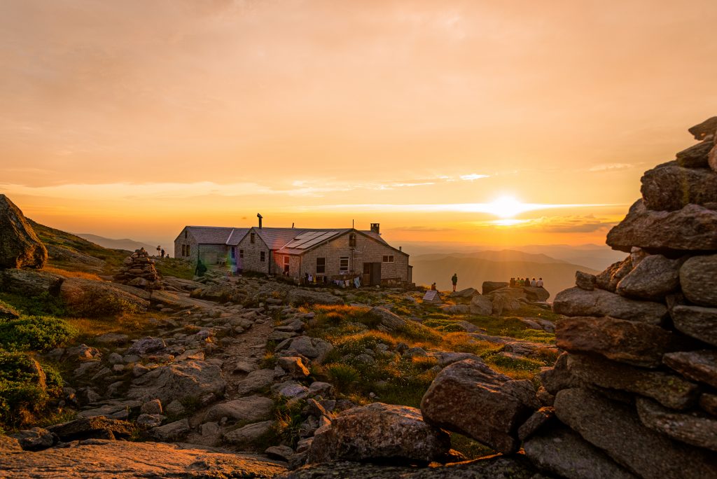 Lakes of the Clouds Hut at sunset.