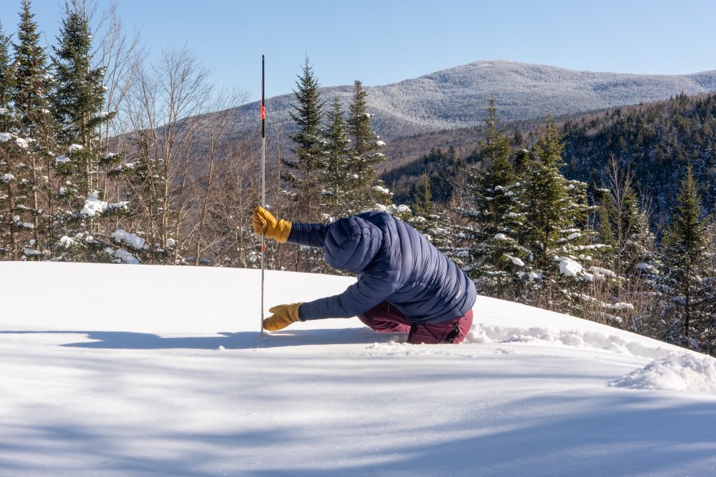A community snow researcher measures snow depth with a yardstick.